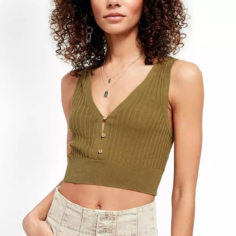 Free People Saturday Morning Ribbed Button Front Cropped Vest Top